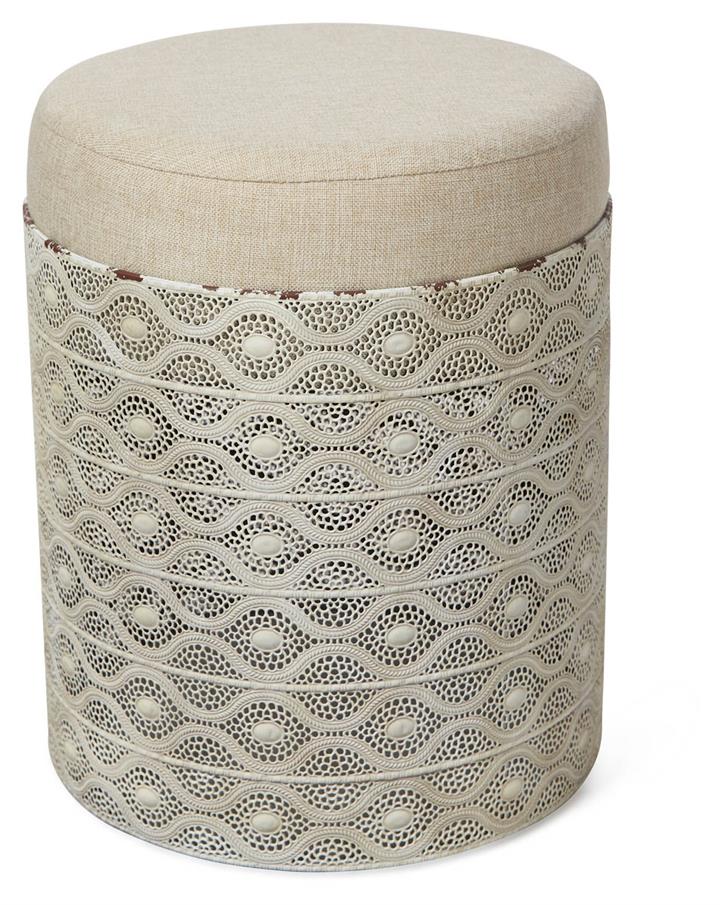 Filigree Round Metal Stool with Cushion - Antique White/Beige