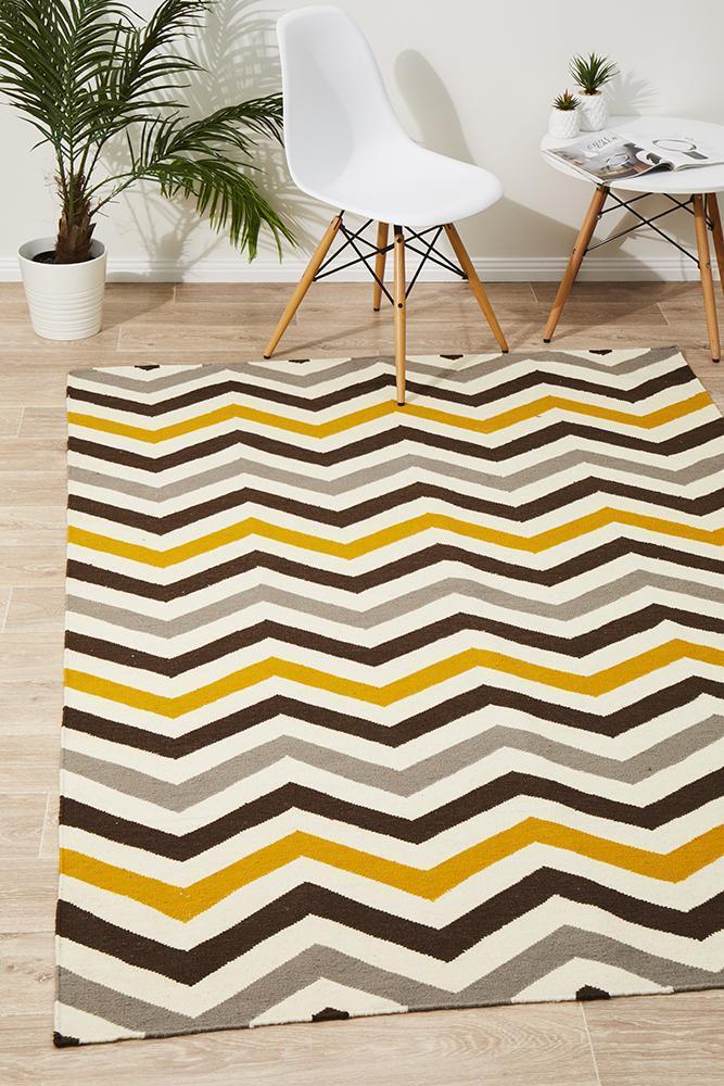 Flat Weave Design Rug Yellow Brown 320x230cm