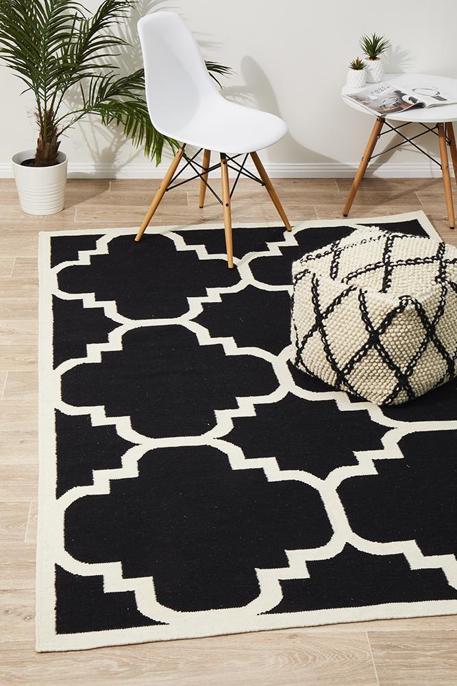 Flat Weave Large Moroccan Design Rug Black 280x190cm