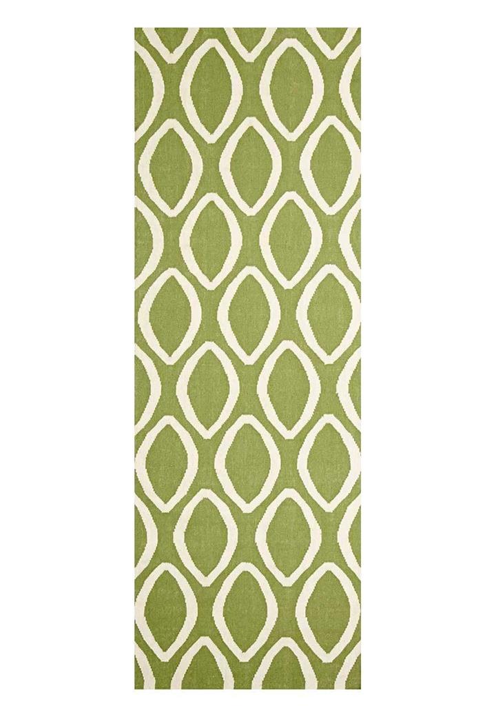 Flat Weave Oval Print Rug Green 300x80cm