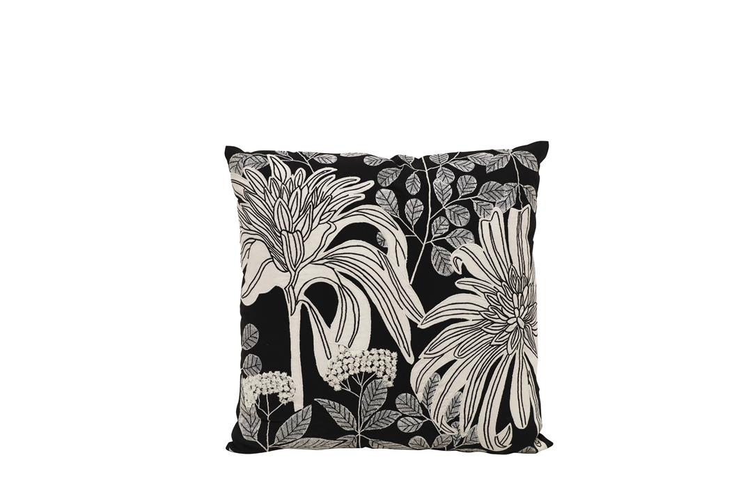 Floral Embroidered Cushion - Black & White