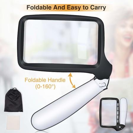 Folding Magnifying Glass with Light, 2X Magnified Glass 5 Dimmable LED Lighted Magnifying Glass for Reading, Handheld Rectangular Magnifier for older people