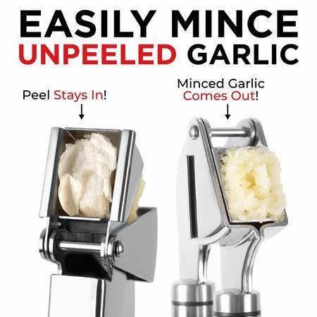 Garlic Press. Stainless Steel Mincer & Crusher With Silicone Roller Peeler. Easy Squeeze, Rust Proof, Dishwasher Safe, Easy Clean