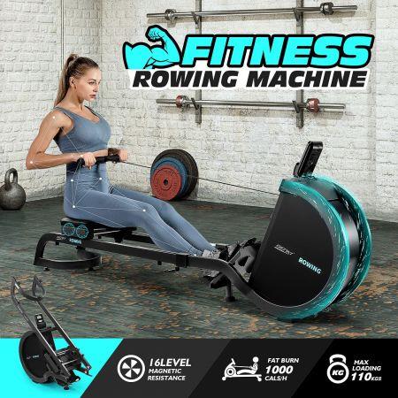 Genki Foldable Magnetic Smart Home Rowing Machine Indoor Rower with 16 Resistance Levels Double Slide Rail LCD Monitor