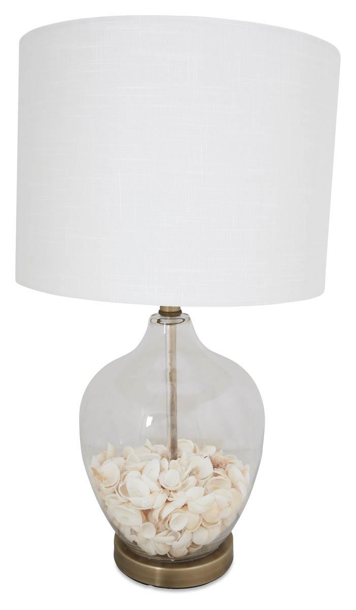 Glass Shell Table Lamp with White Linen Shade and Metal Base - White