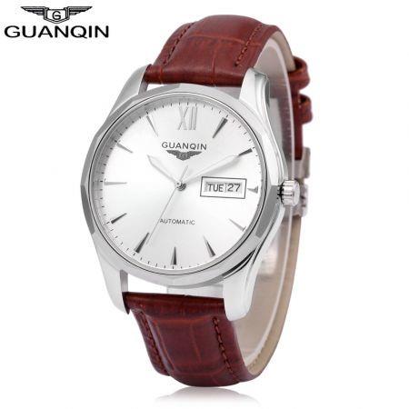 GUANQIN GJ16034 Male Auto Mechanical Watch Luminous Date Day Genuine Leather Band Wristwatch