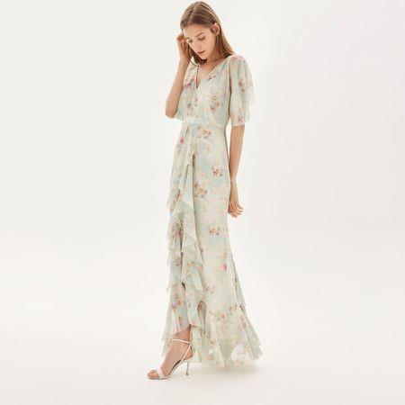 Haoduoyi Women Elegant V-neck Floral Print Chiffon Maxi Dress
