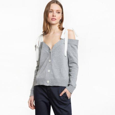 Haoduoyi Women Off-the-shoulder Strip Tie Up Sweater Pullover