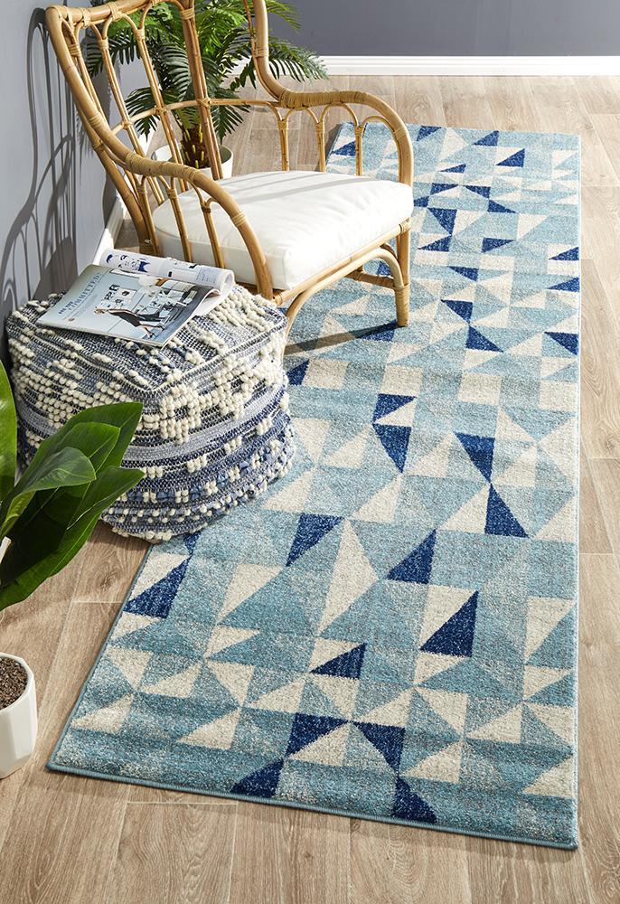 Illusion Modern Geo Rug Blue Ivory 400X80cm