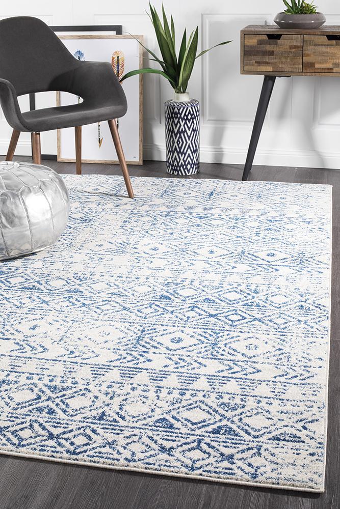 Ismail White Blue Rustic Rug 290x200cm