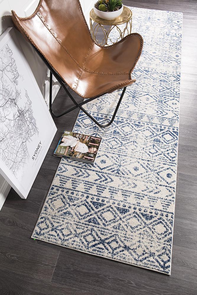 Ismail White Blue Rustic Runner Rug 300x80cm