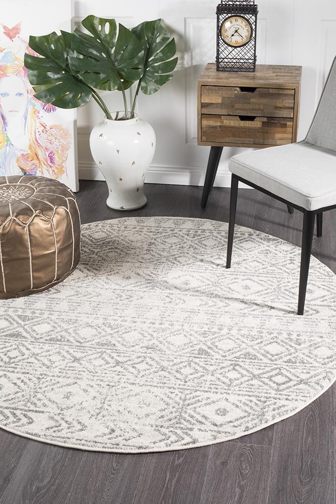 Ismail White Grey Rustic Round Rug 240x240cm