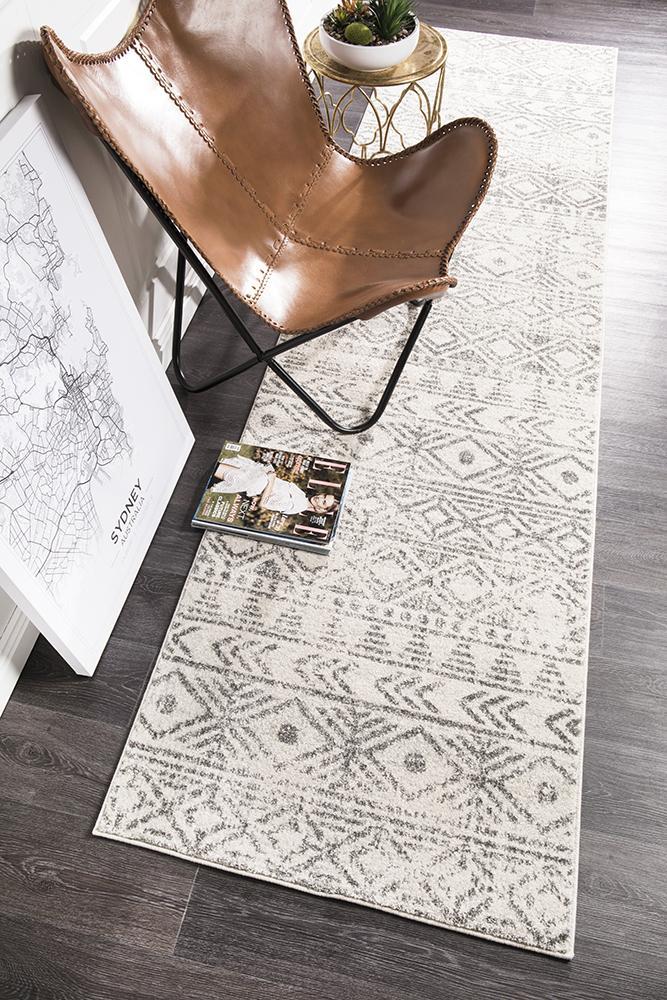 Ismail White Grey Rustic Runner Rug 400x80cm