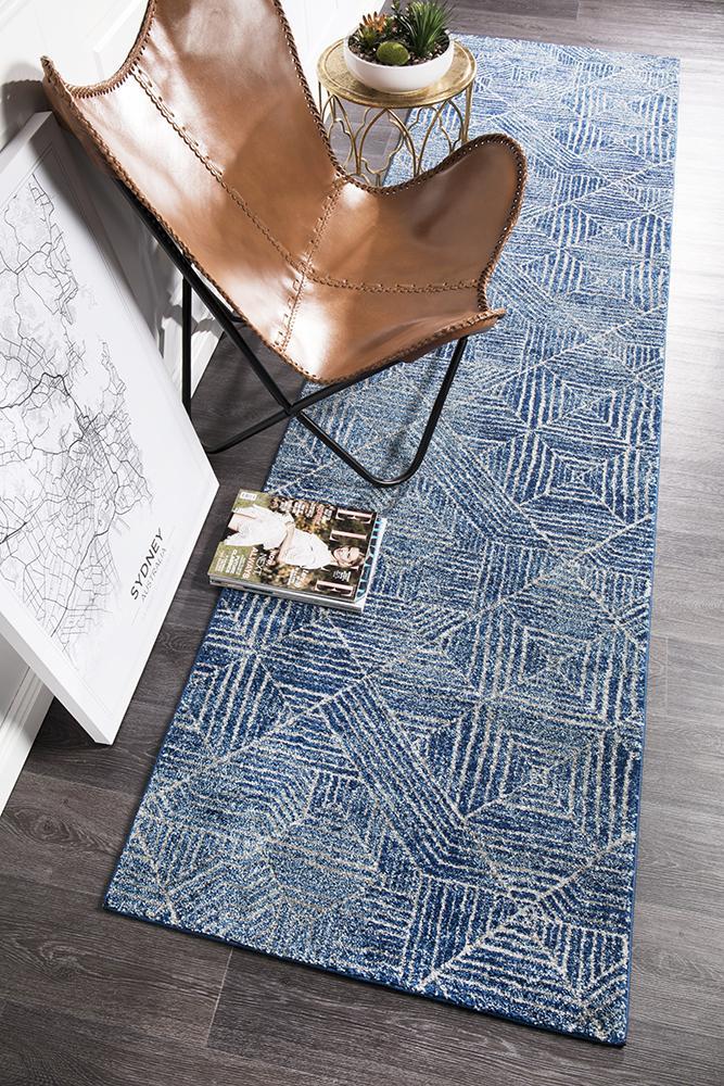 Kenza Contemporary Navy Runner Rug 300x80cm