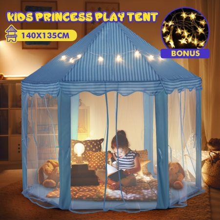Kids Princess Castle Play Tent Hexagon Play House Indoor Outdoor with Star Lights - Blue