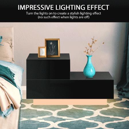 L Shape Bedside Table Side Table with 2 Drawers, High Gloss Front, RGB LED Light Black