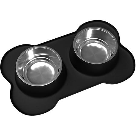 Large Dog Bowls And Mat Set 54oz(Black)