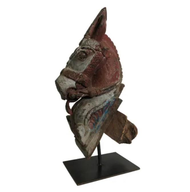 Large Indian Vintage Horse Carving Red