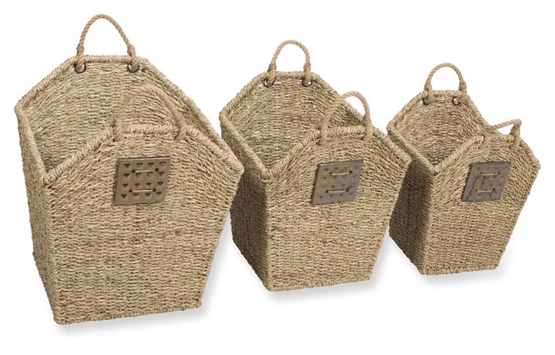 Lawson Seagrass Set of Three Baskets with Rope Handles and Ceramic Tile Detail