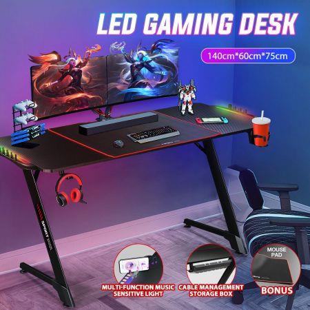 LED Gaming Desk Computer Desktop Carbon Fibre Racer Table Study Workstation RGB 140cm