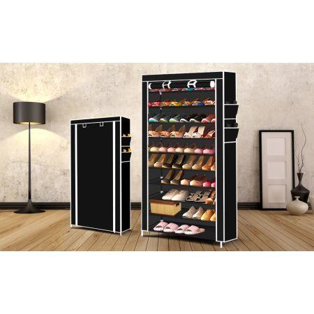 Levede 10 Tier Shoe Rack Portable Storage Cabinet Organiser Wardrobe Black Cover