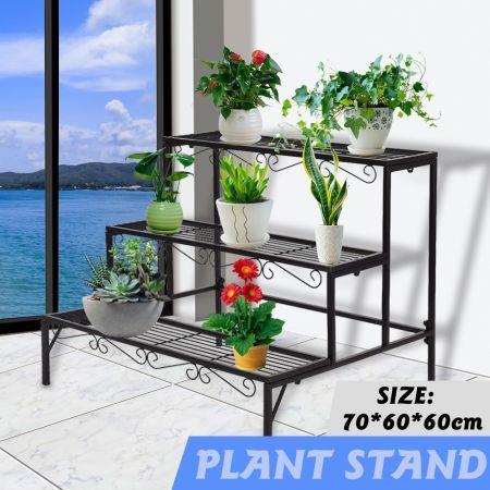 Levede Plant Stand 3 Tier Rectangle Metal Flower Pot Planter Corner Shelf Black