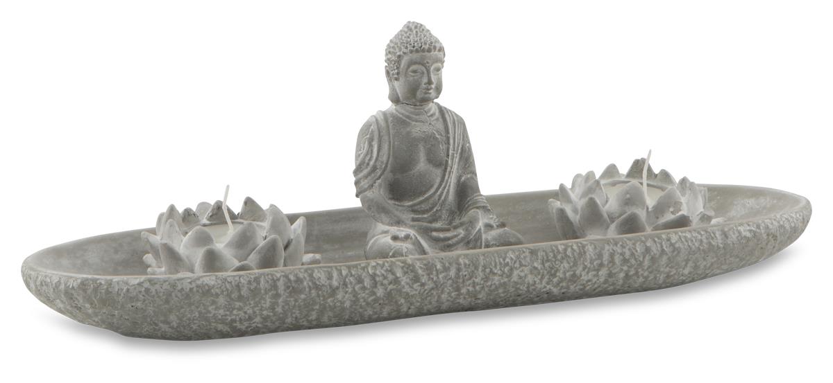 Lotus Buddha Cement Candle Holder with Two White T Lite Candles