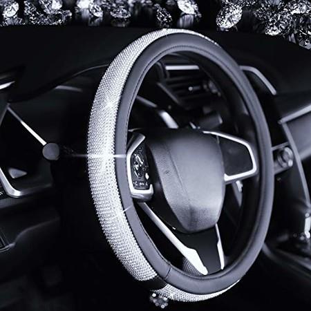 Luxurious Diamond Rhinestone Bling Leather Car Steering Wheel Cover  Universal fit 15