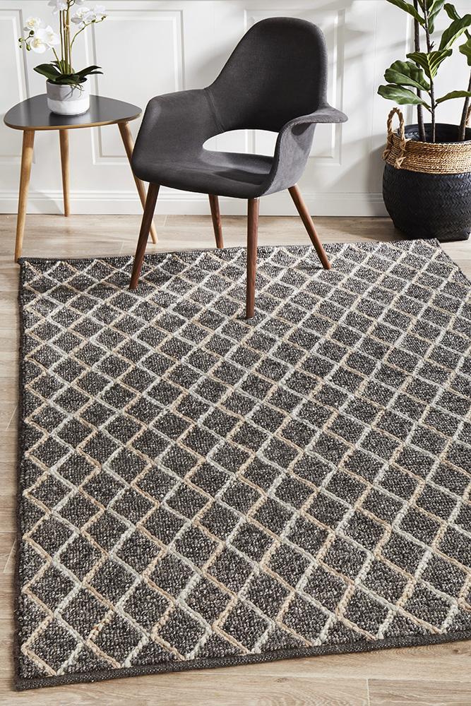 Luxury Madras Felted Wool Rug Blue Charcoal 225X155cm