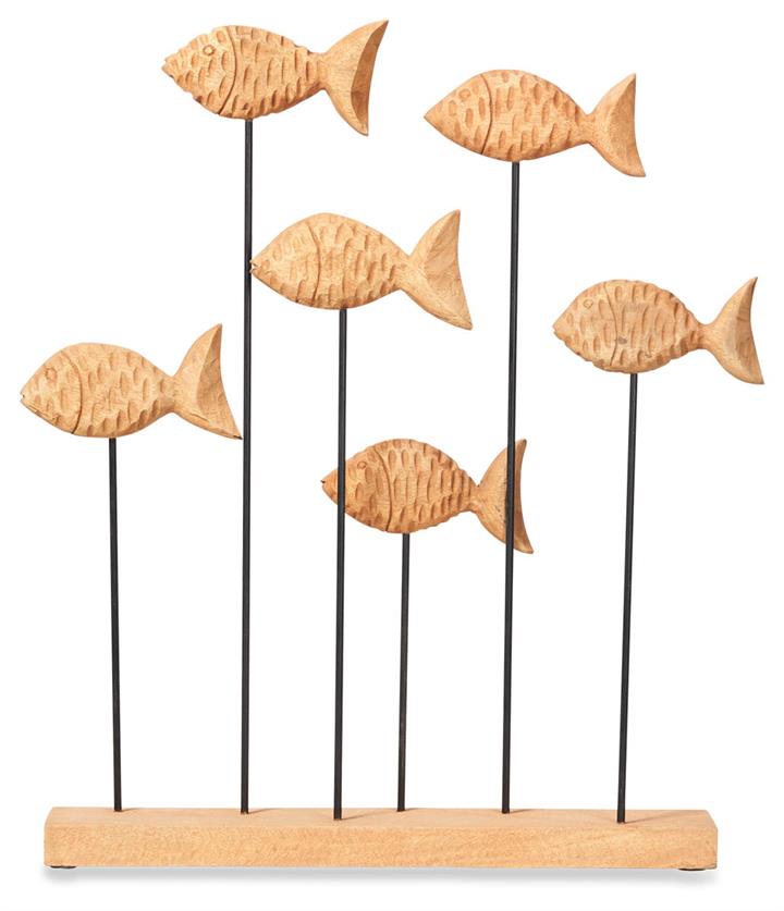 Mango Wood Chiselled School of Fish on Stand - Natural
