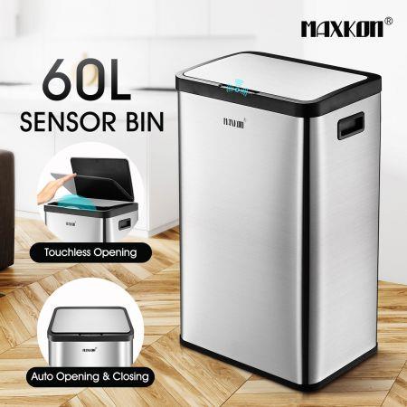 Maxkon 60L Motion Sensor Recycling Bin Kitchen Rubbish Waste Garbage Stainless Steel Trash Bin Silver