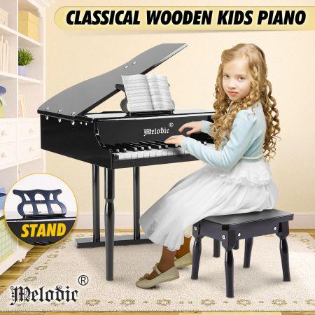 Melodic 30-Key Children Kids Grand Piano Wood Toy w/ Bench Music Stand-Black