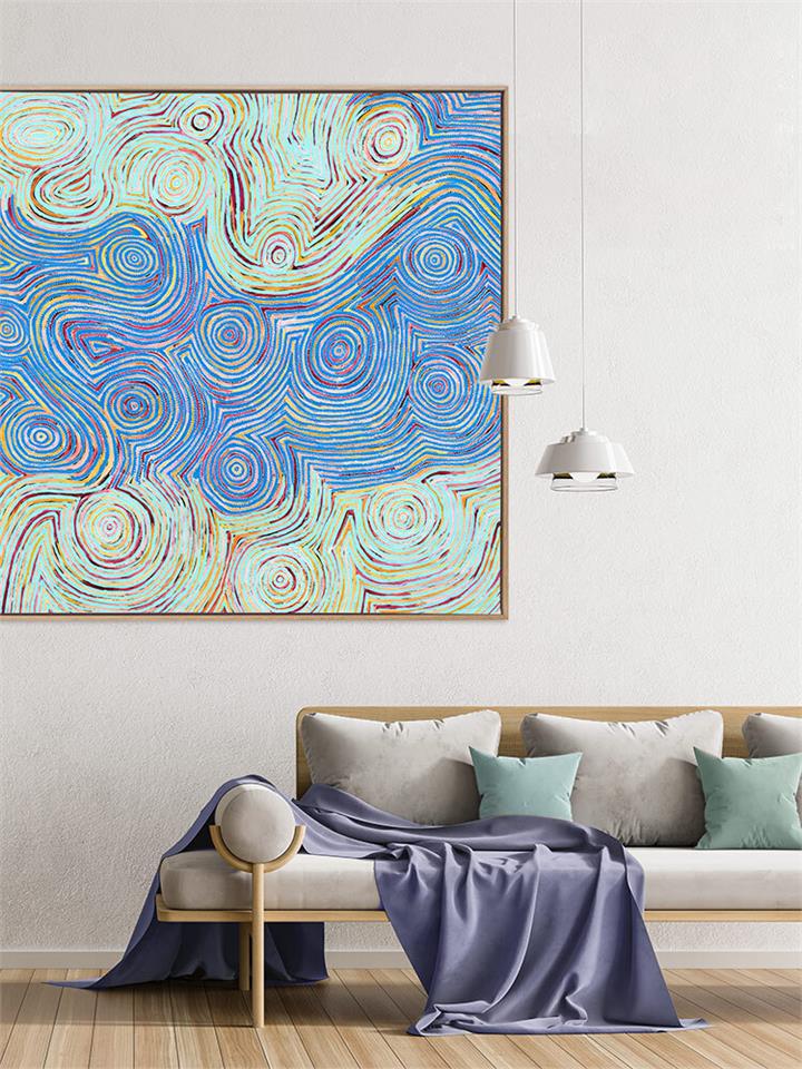 Mina Mina Jukurrpa VI Blue - Oak Box Frame Canvas - 90x90