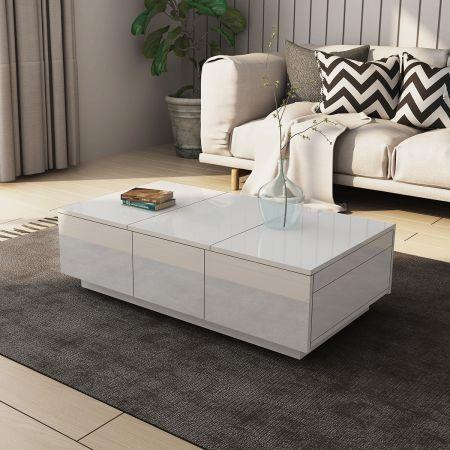 Modern 2 Drawer Coffee Table Cabinet Slide Top Storage High Gloss Wood Living Room Furniture - White