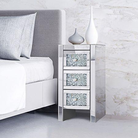 Modern Slim Crushed Diamond 3-Drawer Bedside Table Cabinet Mirrored Furniture