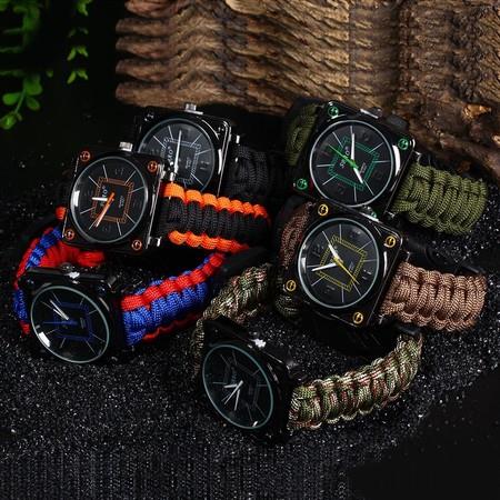 Multifuctional Survival Paracord Bracelet Watch with Compass Flint Fire Starter Scraper Whistle Gear