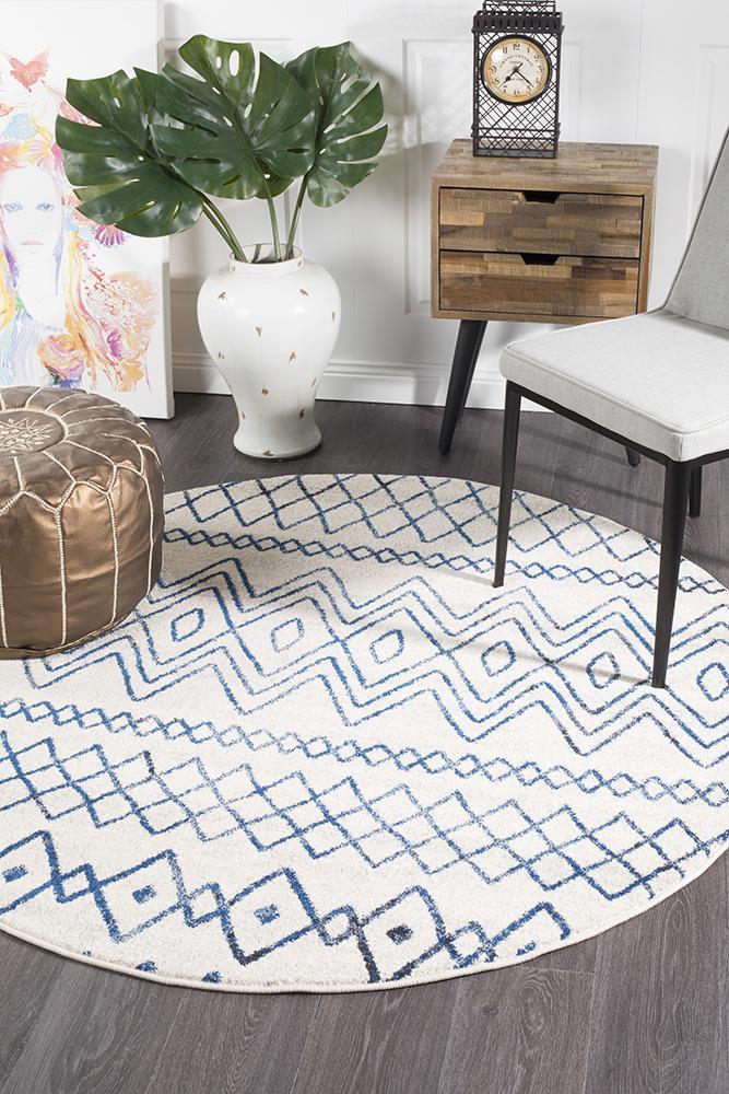 Nadia White Blue Rustic Tribal Round Rug 150x150cm