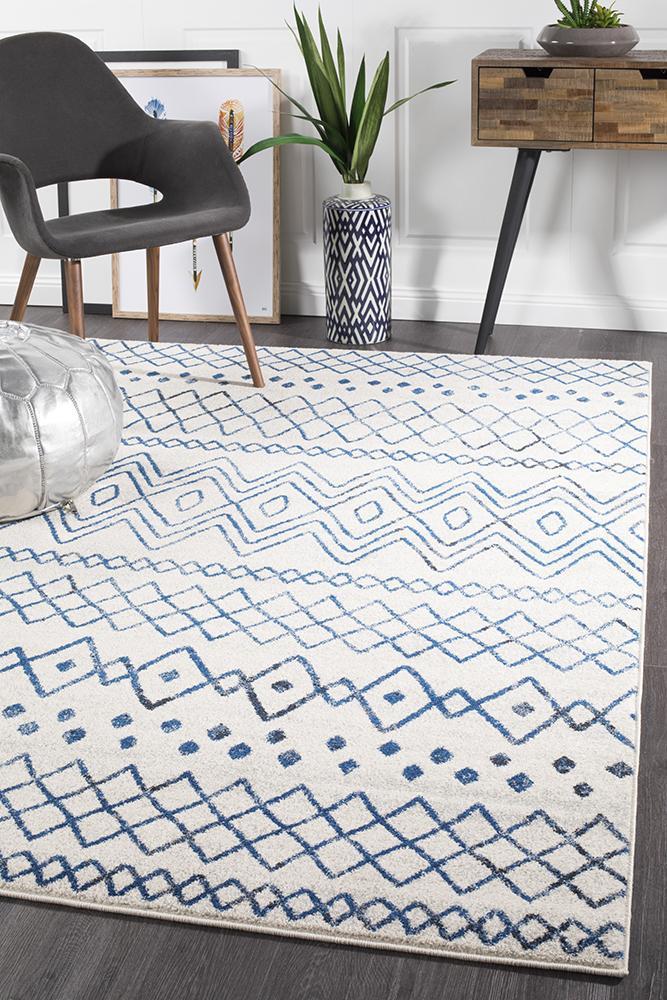 Nadia White Blue Rustic Tribal Rug 330x240cm