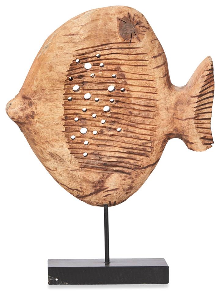 Neptune Chiselled Mango Wood Tall Fish on Stand - Natural/Black