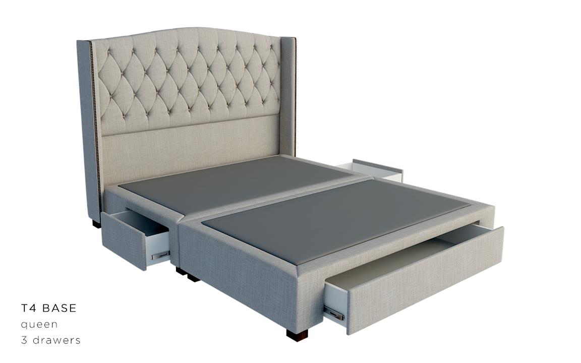 Newport custom upholstered bed frame with choice of storage base