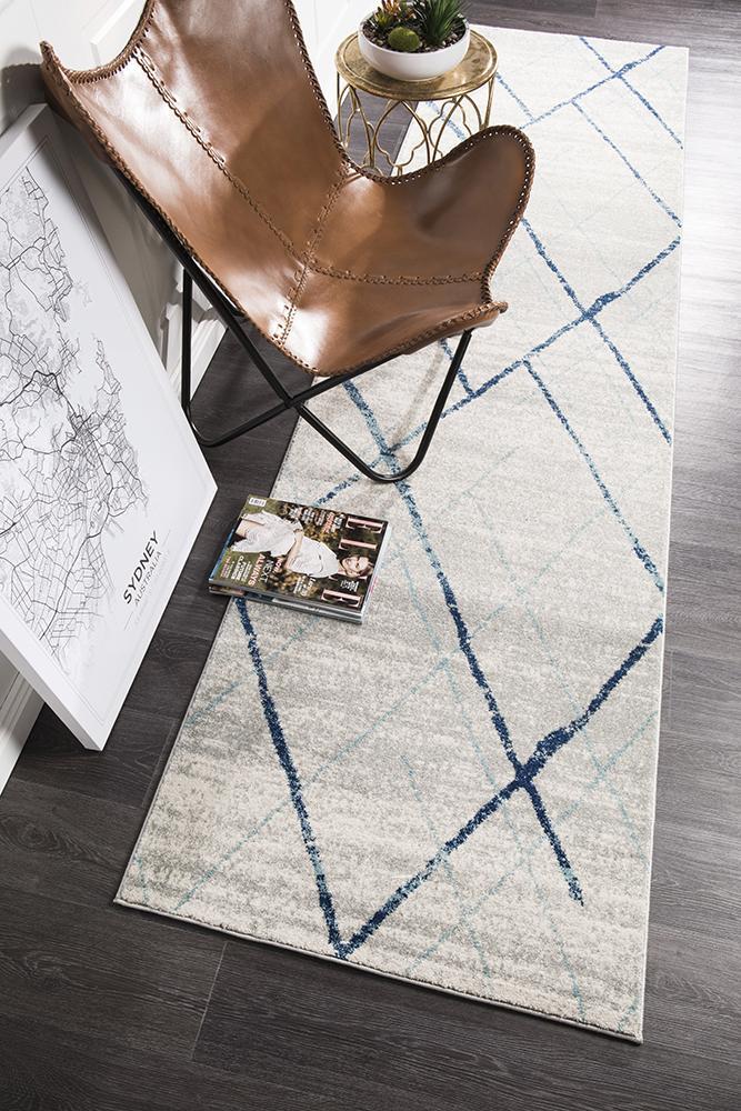 Noah White Blue Contemporary Runner Rug 300x80cm