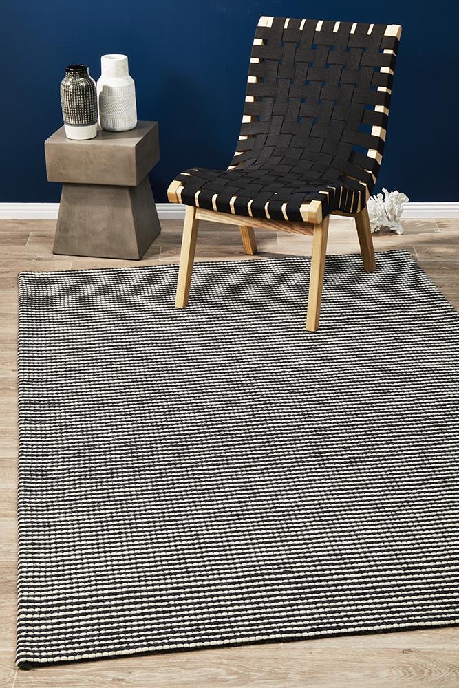 Oskar Felted Wool Striped Rug Black White 225x155cm