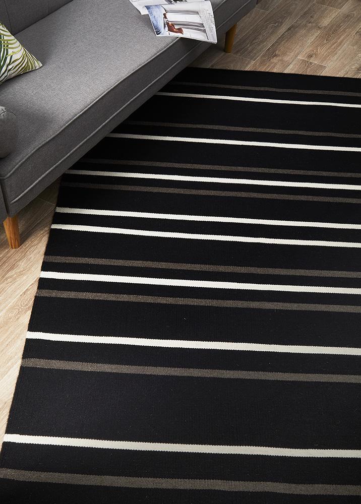 Oslo Stripe Flat Weave Wool Rug Black 225x155cm