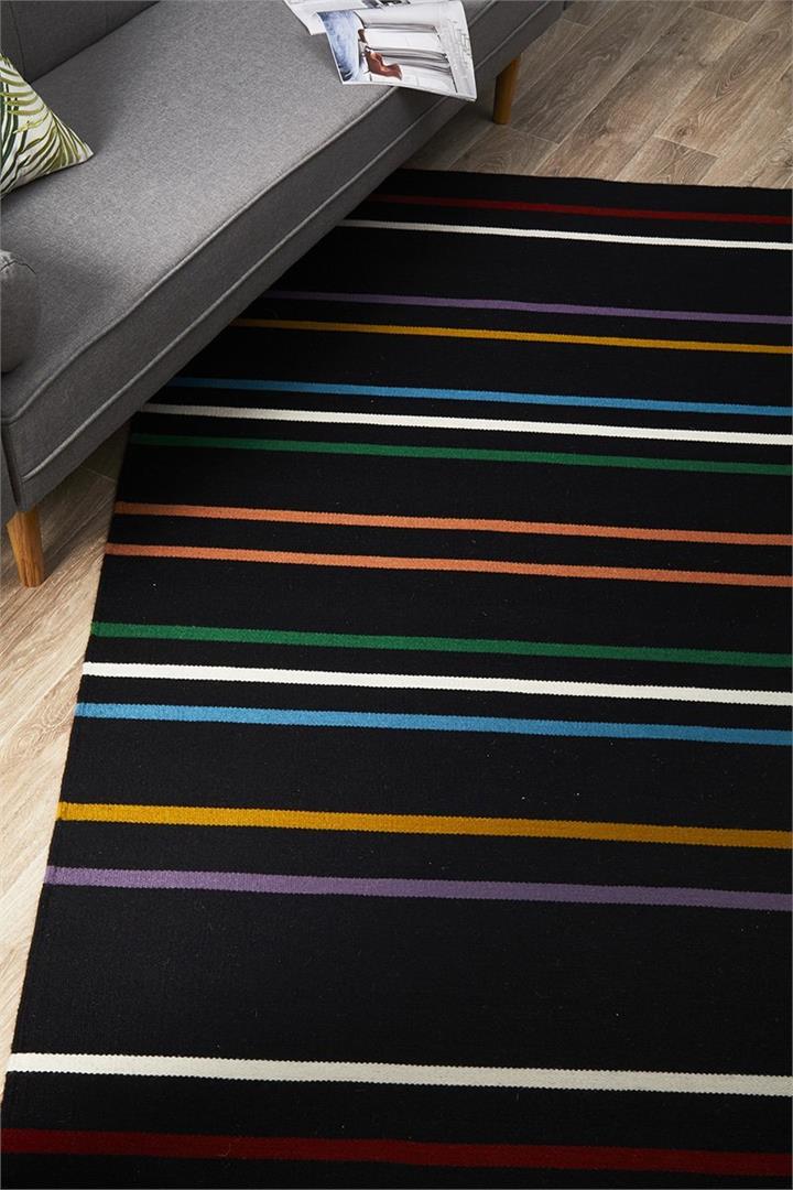 Oslo Stripe Flat Weave Wool Rug Multi Black 280x190cm