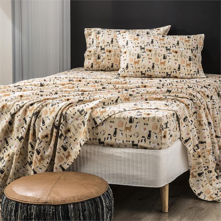 Park Avenue 175 GSM Egyptian Cotton Flannelette printed Sheet Sets Mega queen Misty Cats