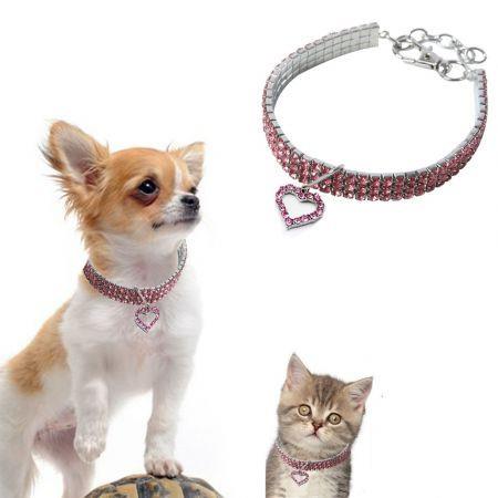 Pet Pearl Necklace with Love Heart Pendant Small Dog Cat Blingbling Jewelry Rhinestones Collar 25CM Pink