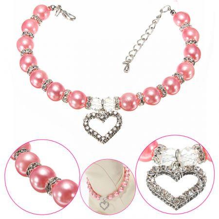 Pet Pearl Necklace with Love Heart Pendant Small Dog Cat Blingbling Jewelry Rhinestones Collar 30CM