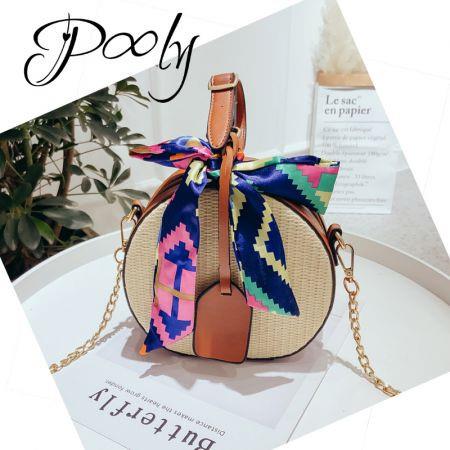 Poly Beach Straw Tote Bags with Decorative Scarf
