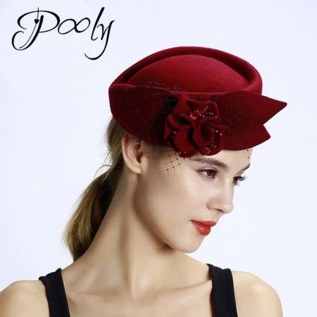 Poly   Beret French Hat  Wool Beret with Veil for Wedding Party Tweed Cap Fascinator Burgundy