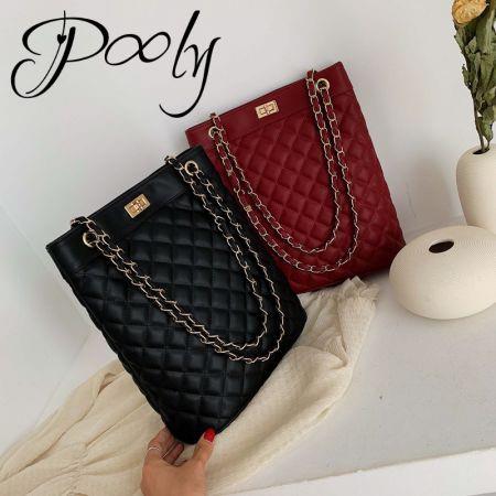 Poly Diamond Pattern Chain leather bucket Crossbody  Women bag